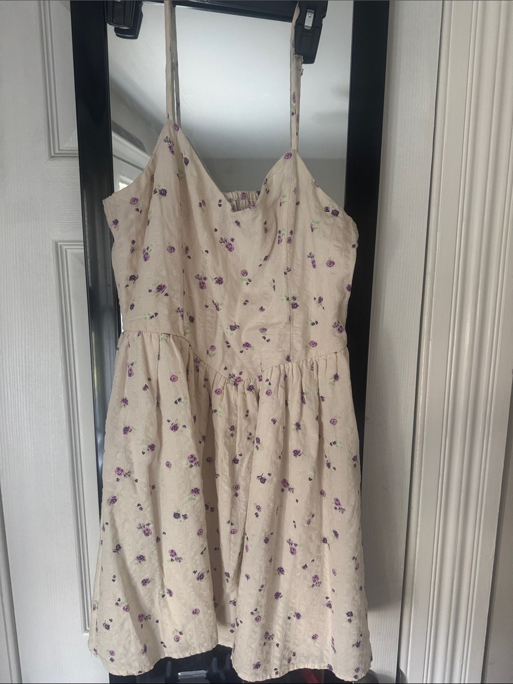 Cream Floral Spaghetti-Strap Dress with Purple Print